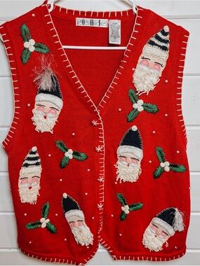 Vintage Knit Christmas Sweater Vest | Santa Claus | Large
